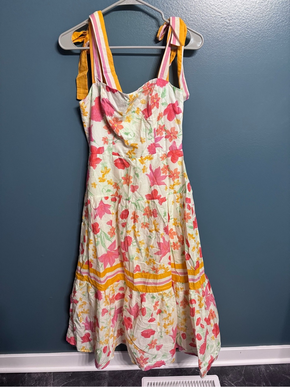 Francesca's Collections White Midi Dress with Pink & Yellow Floral Print